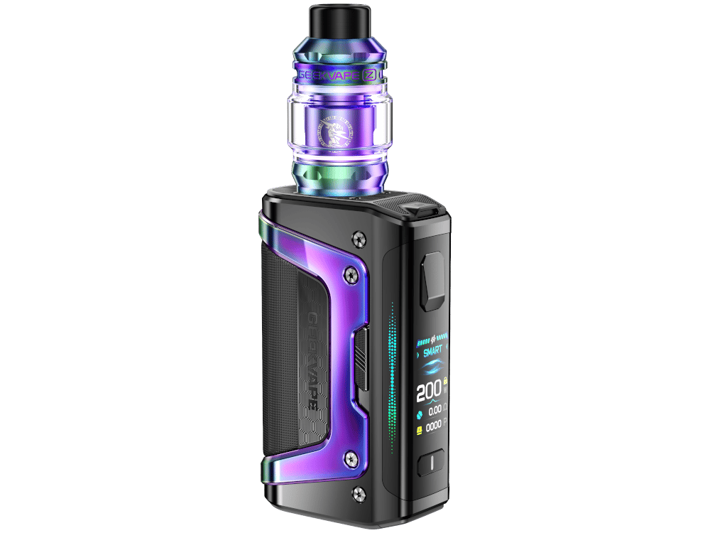 GeekVape Aegis Legend 5 Kit in Regenbogen-Lila mit schwarzem Akkuträger und Verdampfer, Seitenansicht