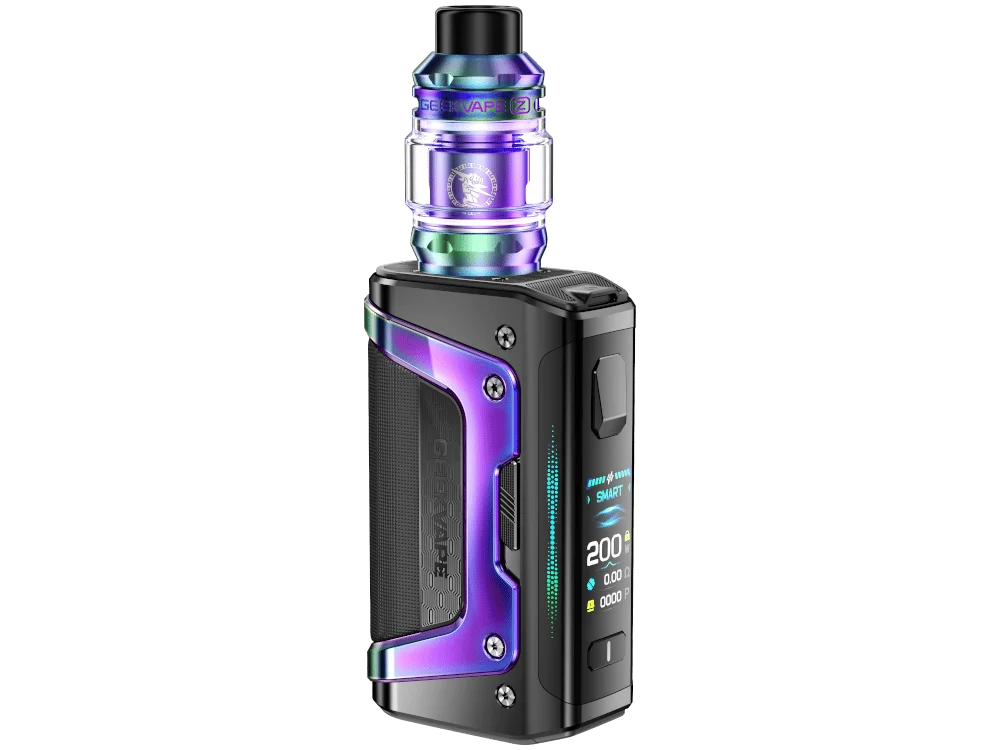 GeekVape Aegis Legend 5 Kit in Regenbogen-Lila mit schwarzem Akkuträger und Verdampfer, Seitenansicht