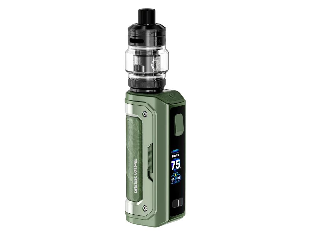 GeekVape Aegis Mini 5 E-Zigaretten-Set in Olivgrün mit aufgesetztem Verdampfer, Frontansicht