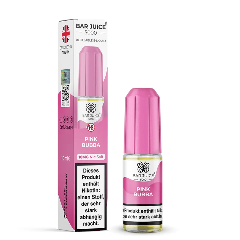 Bar Juice 5000 Pink Bubba Nikotinsalz-Liquid 10ml – pink-rote Flasche mit Verpackungsbox, Vorderansicht