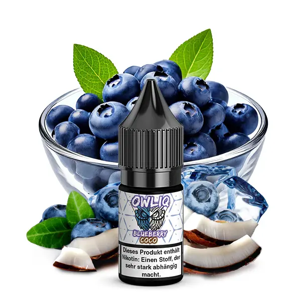 Owliq Blueberry Coco 10ml Nikotinsalz-Liquid – Flasche vor Schale mit Blaubeeren und Kokosnuss