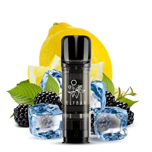 Elfbar Elfa Prefilled Pod Blackberry Lemon 20mg/ml, schwarzer Pod vor Brombeeren, Zitrone und Eiswürfeln