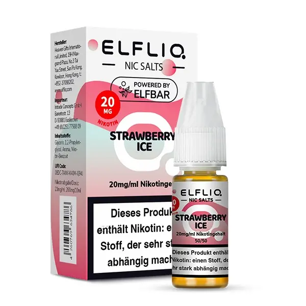 Elfliq Strawberry Ice 10ml Nikotinsalz-Liquid von Elfbar – Flasche Vorderseite mit 20mg Nikotingehalt