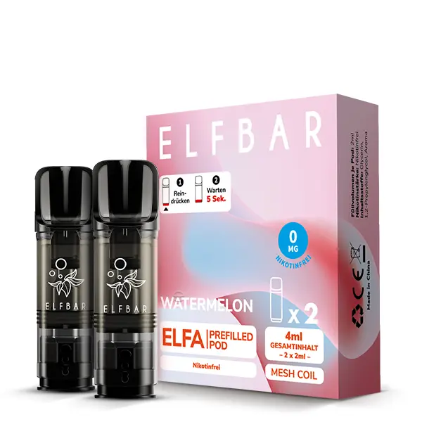 elfbar-elfa-watermelon-5.jpg Elfbar Elfa Prefilled Pod Watermelon 2er-Pack mit rosa Verpackungsbox und zwei schwarzen Pods
