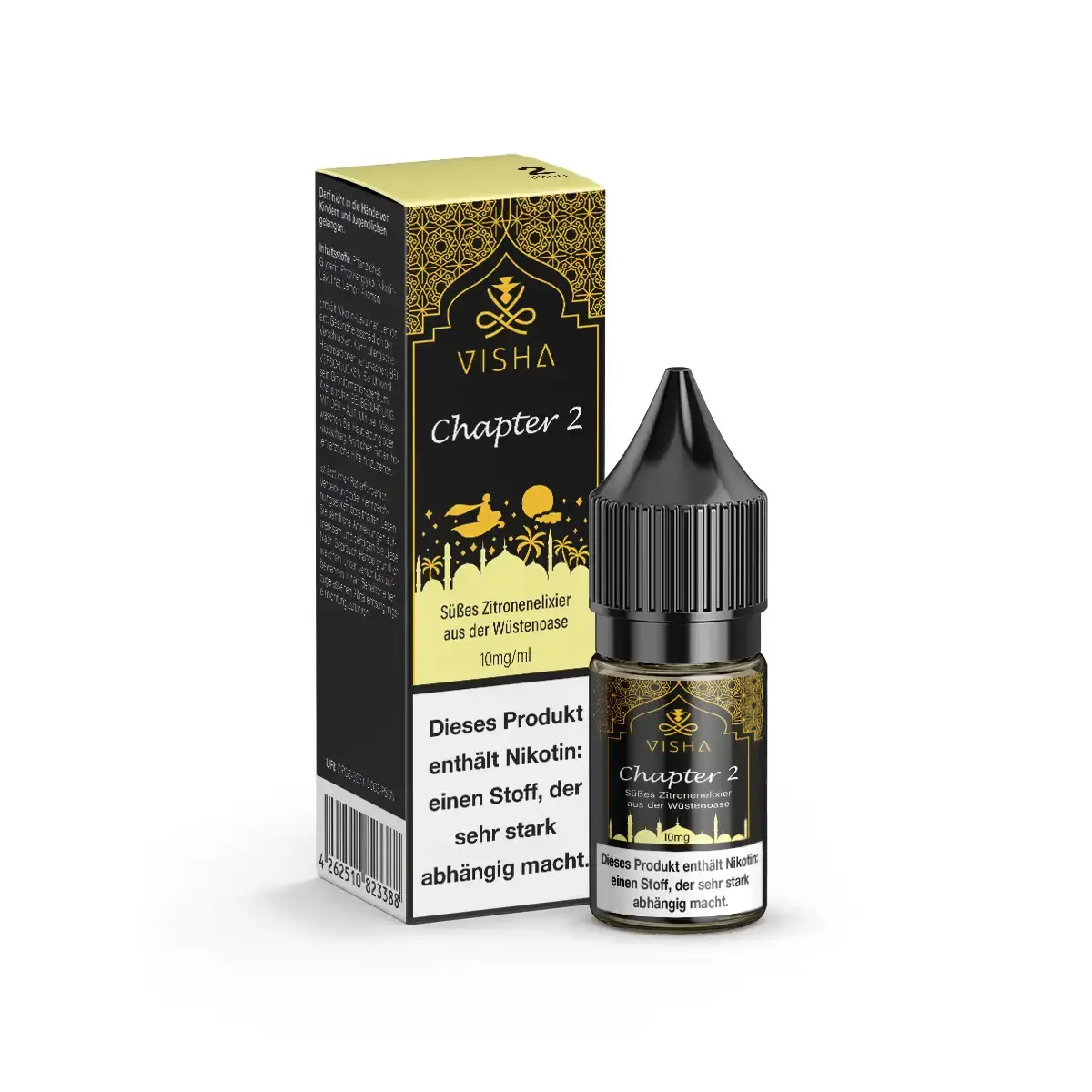 visha-chapter-2-nikotinsalz-10ml-10mg-ml-steuerware.png Visha Chapter 2 Nikotinsalz-Liquid 10ml – Flasche und Verpackung in Dunkelgelb-Gold-Design