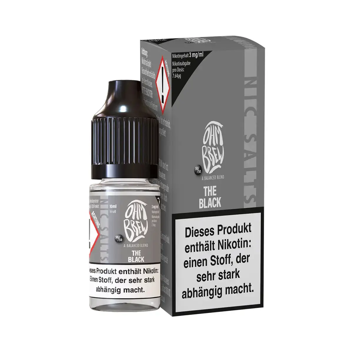 Ohmbrew The Black 10ml Nikotinsalz-Liquid – graue Flasche mit Schachtel, dunkles Design