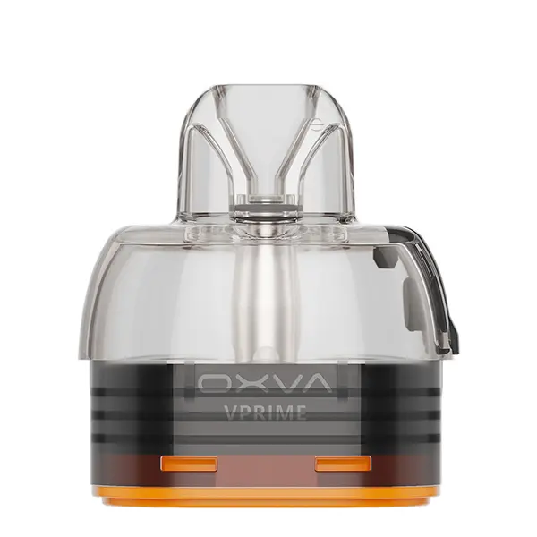 Oxva VPrime Ersatz-Pod Frontansicht mit orangefarbenem Sockelakzent und OXVA-Logo, transparenter Tank