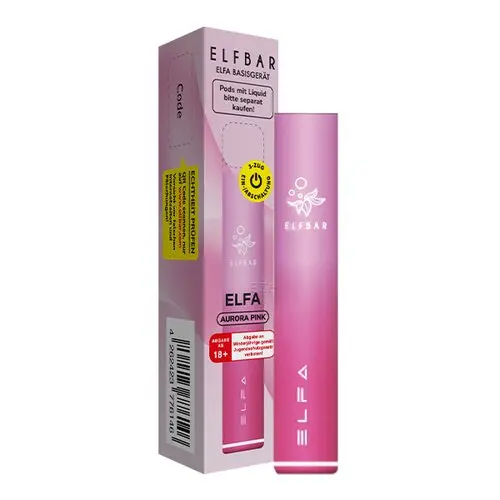 elf-bar-elfa-prefilled-pod-kit-aurora-pink.jpg Elfbar Elfa CP Basisgerät in Pink mit Verpackungsbox, Produkt und Schachtel nebeneinander