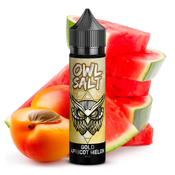OWL Salt Gold Apricot Melon Longfill 60 ml Flasche mit Wassermelone und Aprikose im Hintergrund