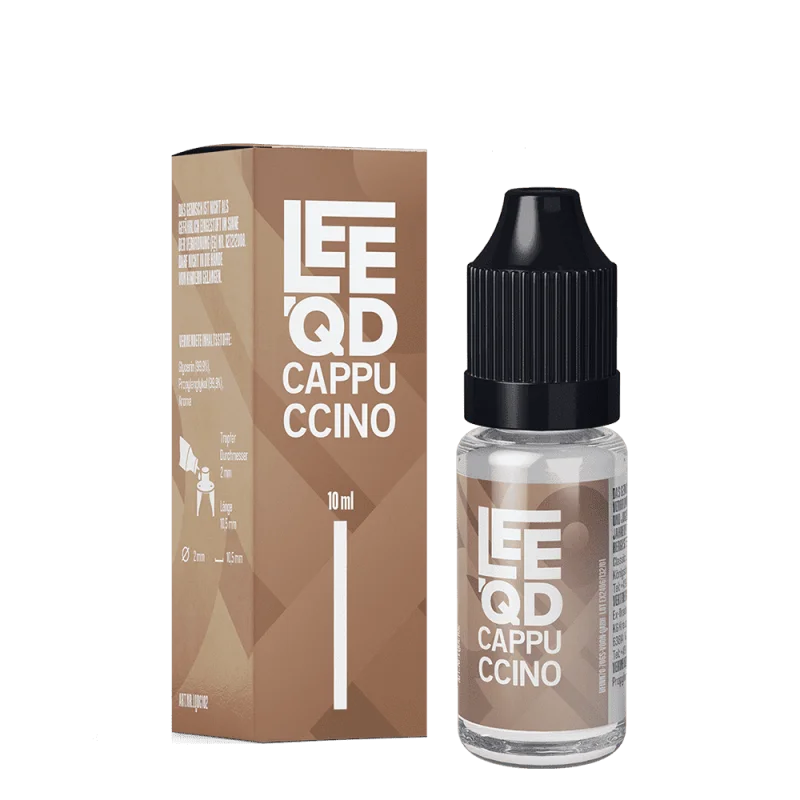 LEEQD Crazy Cappuccino 10ml Liquid – braune Faltschachtel und kleine Flasche mit Cappuccino-Aufschrift