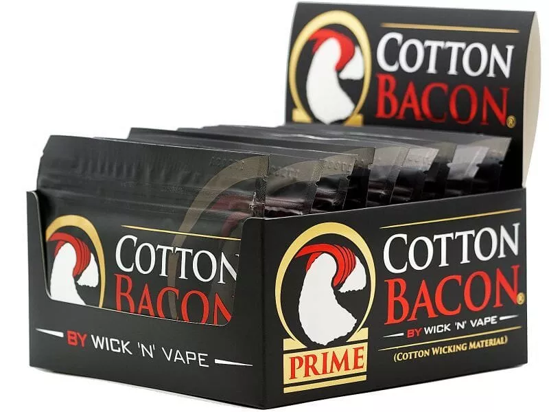 source796515.jpg Display-Box mit Cotton Bacon Prime Watte von Wick'n'Vape, schwarze Verpackung mit mehreren Einzelpäckchen