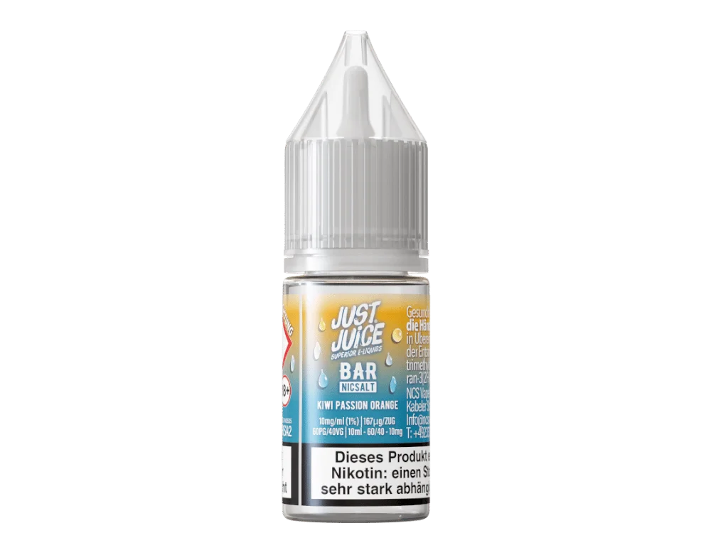 Just Juice Bar Range Kiwi Passion Orange 10ml Nikotinsalz-Liquid, freigestellte Einzelflasche mit türkis-goldenem Label