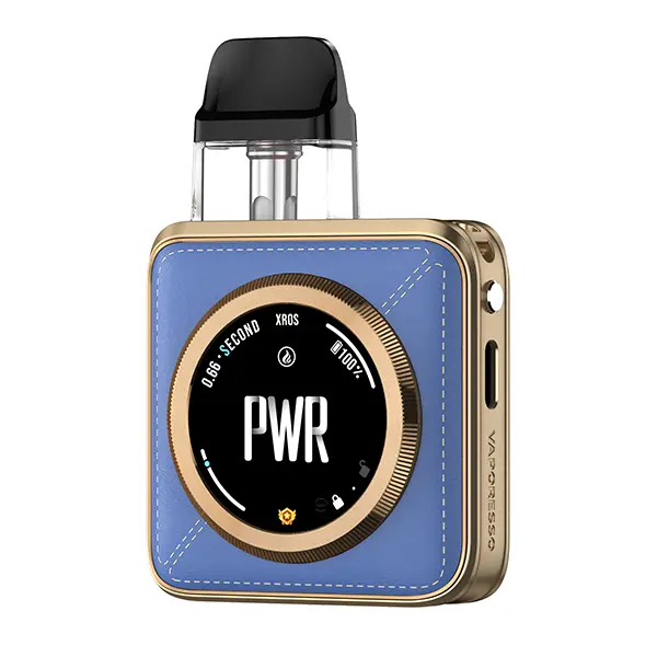 vaporesso-xros-5-nano-2.jpg Vaporesso XROS 5 Nano Pod Kit in Hellblau-Gold mit großem rundem Display und PWR-Anzeige