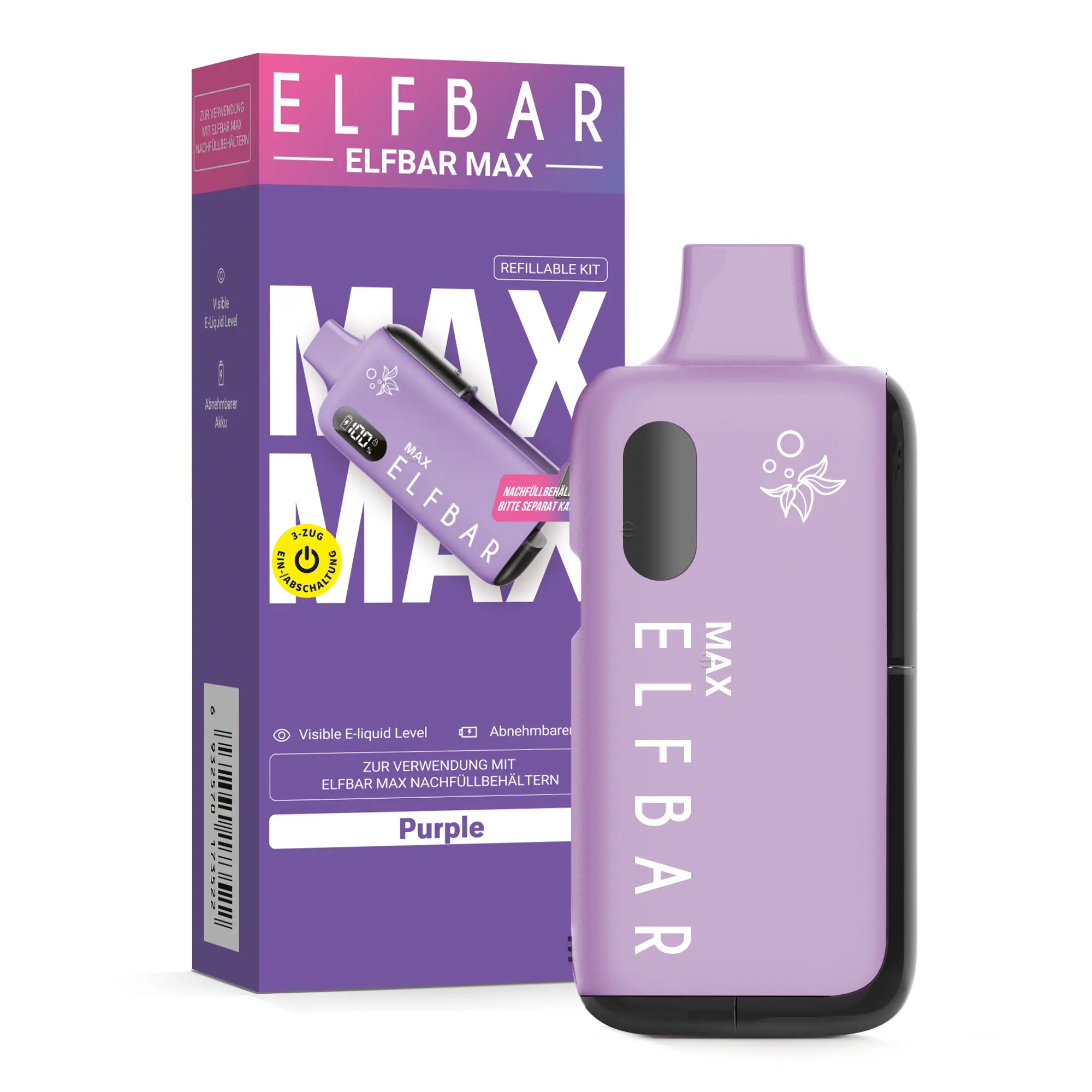 Elfbar Max Kit in Lila mit passender Verpackungsbox, Komplett-Set E-Zigarette ohne Nachfüllbehälter