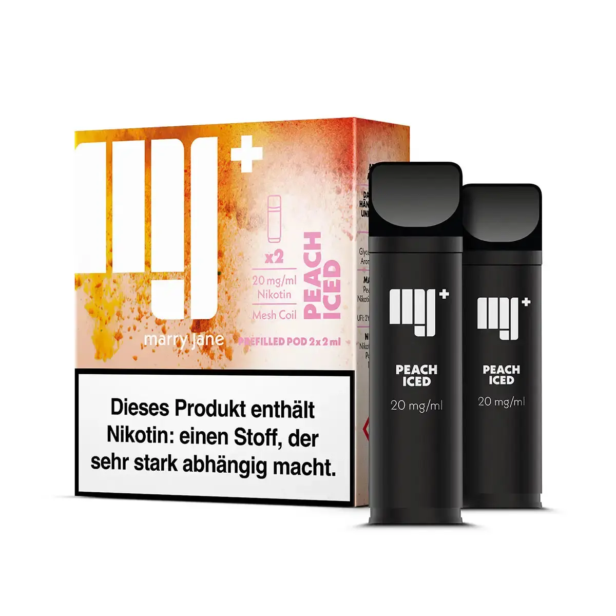 Marry Jane Prefilled Pod Peach Iced – 2er-Pack mit orange-gelber Verpackung und zwei schwarzen Pods