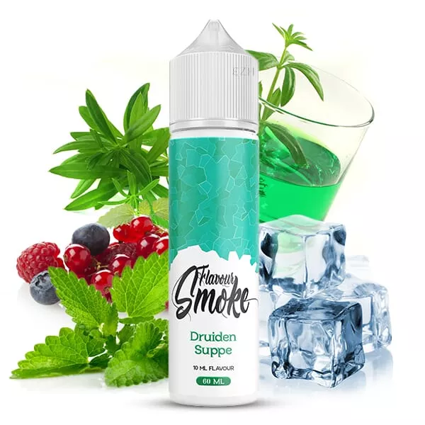 source124786.jpg Flavour Smoke Druidensuppe Longfill-Aroma – 10ml Flasche mit mintgrünem Liquid, Eiswürfeln und Früchten