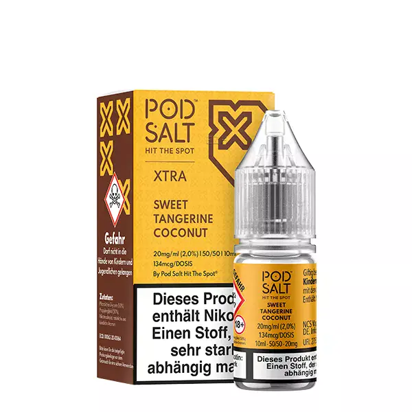source115726.jpg PodSalt Xtra Sweet Tangerine Coconut 10ml Nikotinsalz-Liquid – goldbraune Flasche mit Schachtel, Vorderansicht