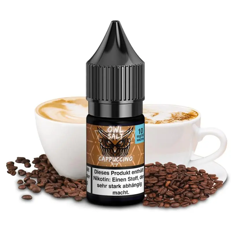 OWL Salt Cappuccino 10ml Nikotinsalz-Liquid Flasche seitlich mit Rückseite und Kaffeemotiv
