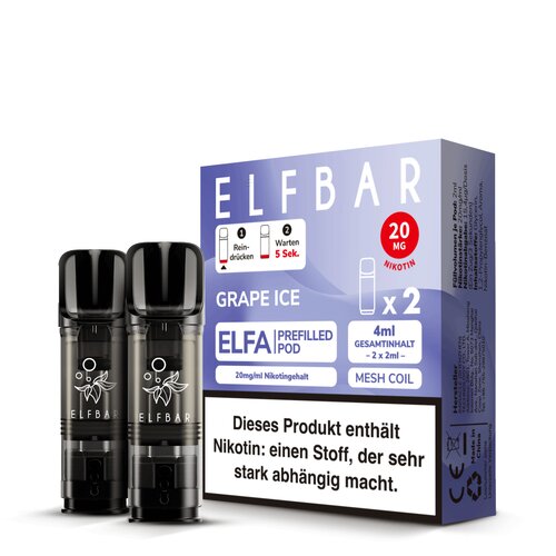 Elfbar Elfa Prefilled Pod Grape Ice 20mg/ml – blau-violette Verpackung mit 2 Pods, Frontansicht