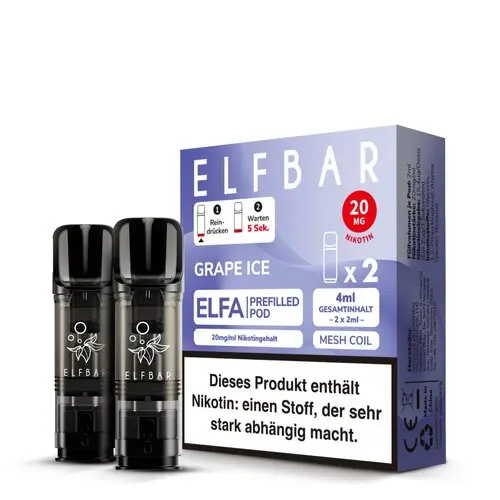 Elfbar Elfa Prefilled Pod Grape Ice 20mg/ml – blau-violette Verpackung mit 2 Pods, Frontansicht