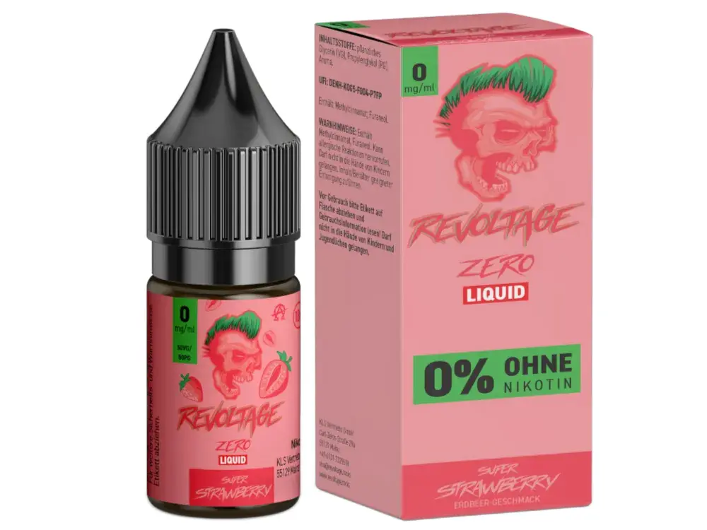 Revoltage Super Strawberry Hybrid-Nikotinsalz-Liquid 10ml, rosa Flasche mit Schachtel, 0% Nikotin-Variante