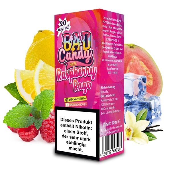 Bad Candy Raspberry Rage 10ml Nikotinsalz-Liquid Flasche in Pink mit Himbeere, Zitrone und Eiswürfeln