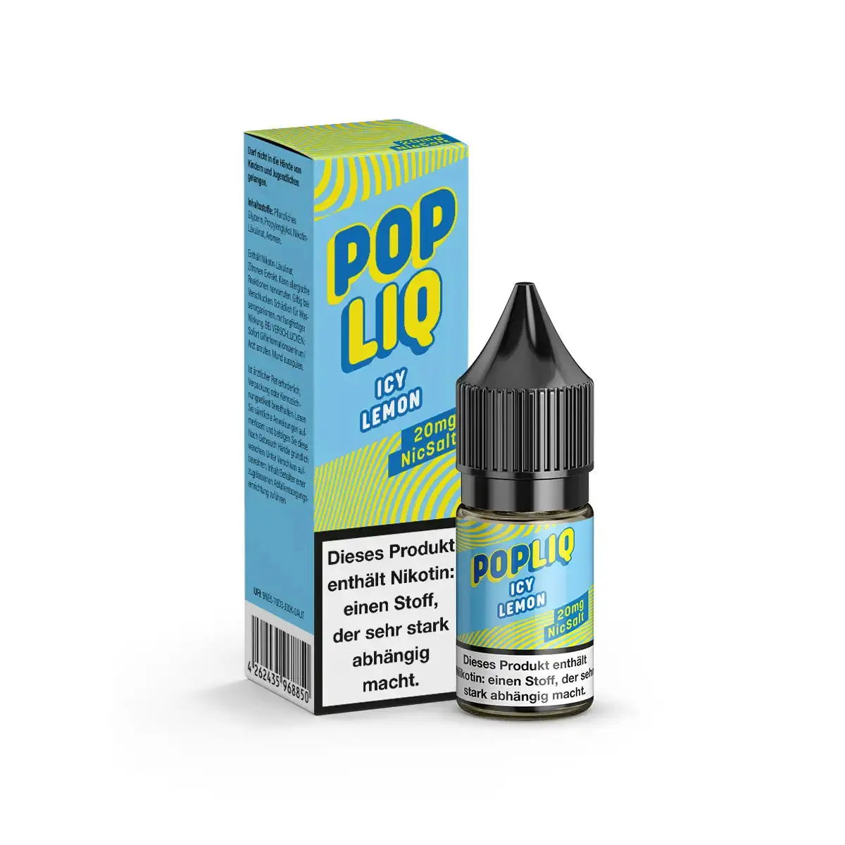 PopLiq Icy Lemon 10ml Nikotinsalz-Liquid – Flasche und Verpackung in Grün-Gelb