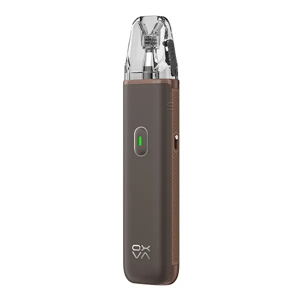Oxva Xlim Go Lite Pod Kit in Braun mit LED-Indikator und transparentem Pod, Seitenansicht