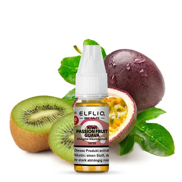 Elfliq Kiwi Passion Fruit Guava Nikotinsalz-Liquid 10ml Flasche von Elfbar vor Kiwi und Maracuja