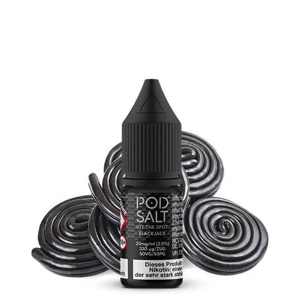 PodSalt Black Jack Nikotinsalz-Liquid 10ml, schwarze Flasche vor Lakritzschnecken-Hintergrund