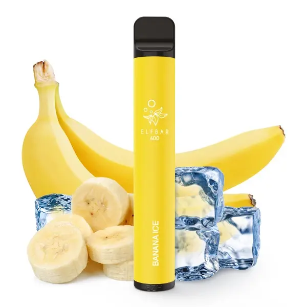 Elfbar 600 Einweg E-Zigarette Banana Ice in Gelb, 20mg/ml, mit Bananen und Eiswürfeln im Hintergrund