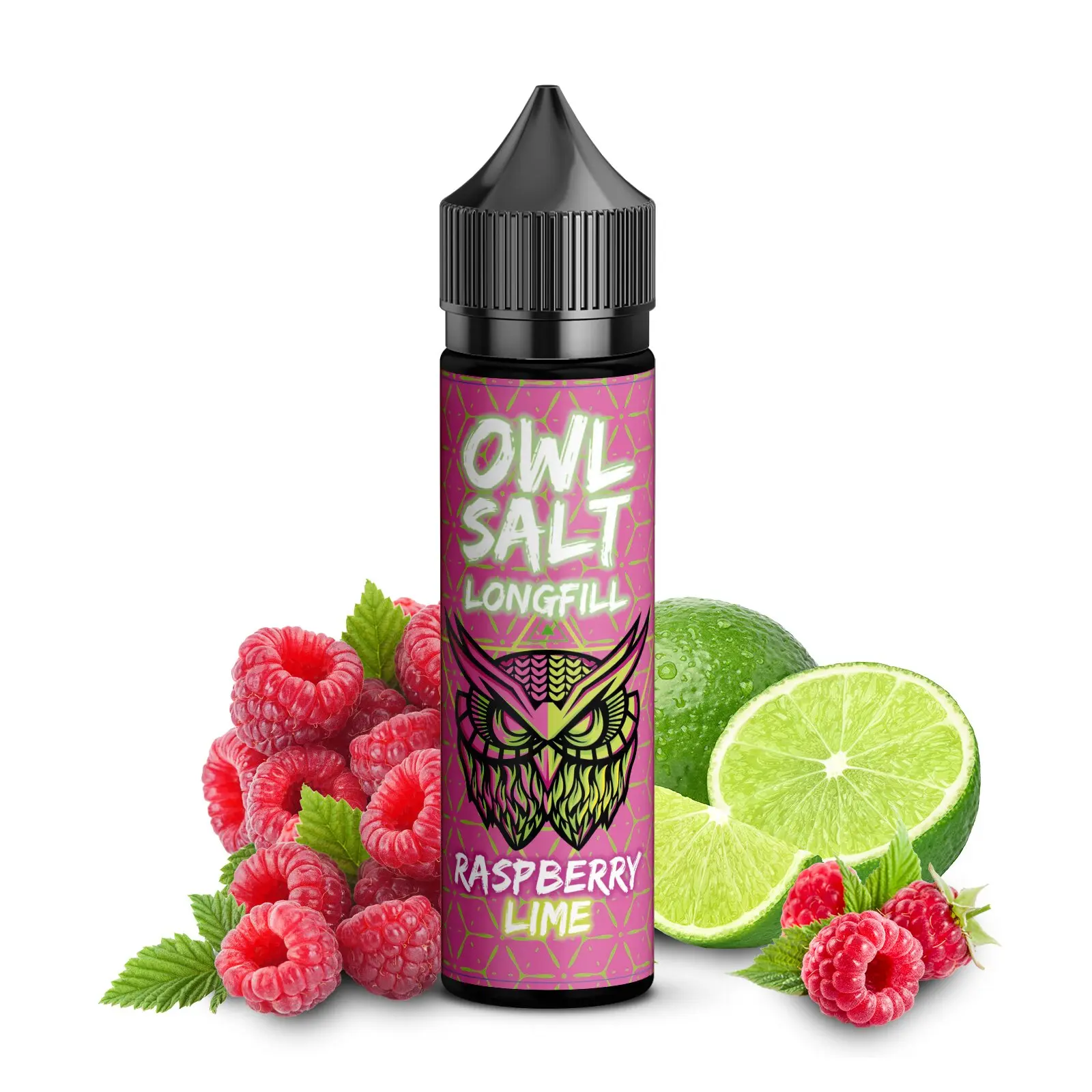 OWL Salt Raspberry Lime Longfill 60ml, pinke Flasche mit Himbeeren und Limetten auf dem Etikett