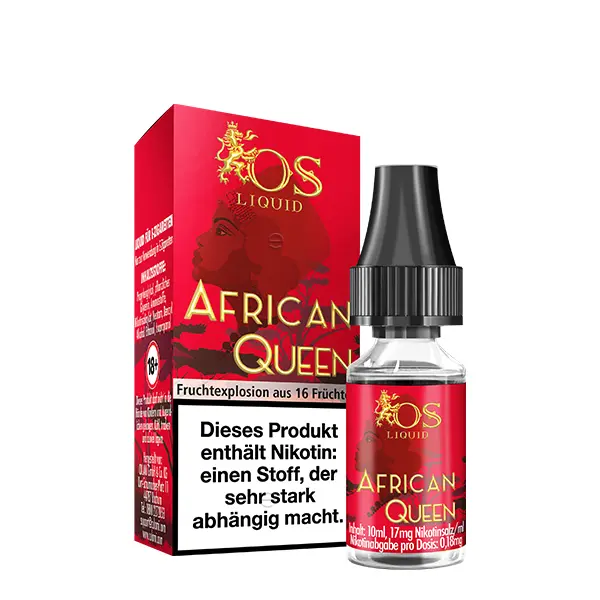 OS Liquid African Queen 10ml Nikotinsalz-Liquid Flasche mit roter Verpackungsschachtel, Seitenansicht