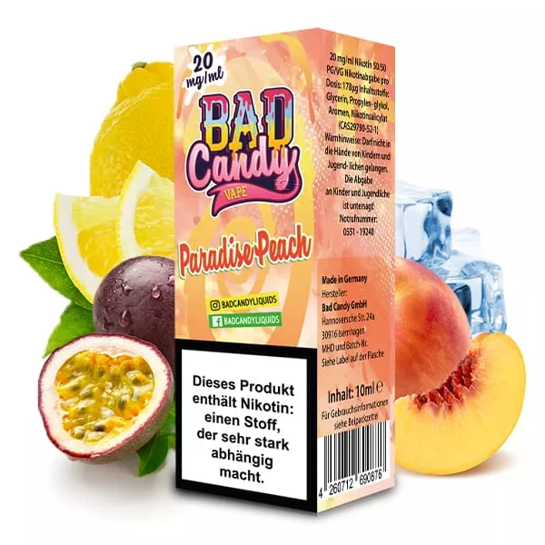 Bad Candy Paradise Peach 10ml Nikotinsalz-Liquid 20mg, Flasche mit Pfirsich, Maracuja und Zitrone