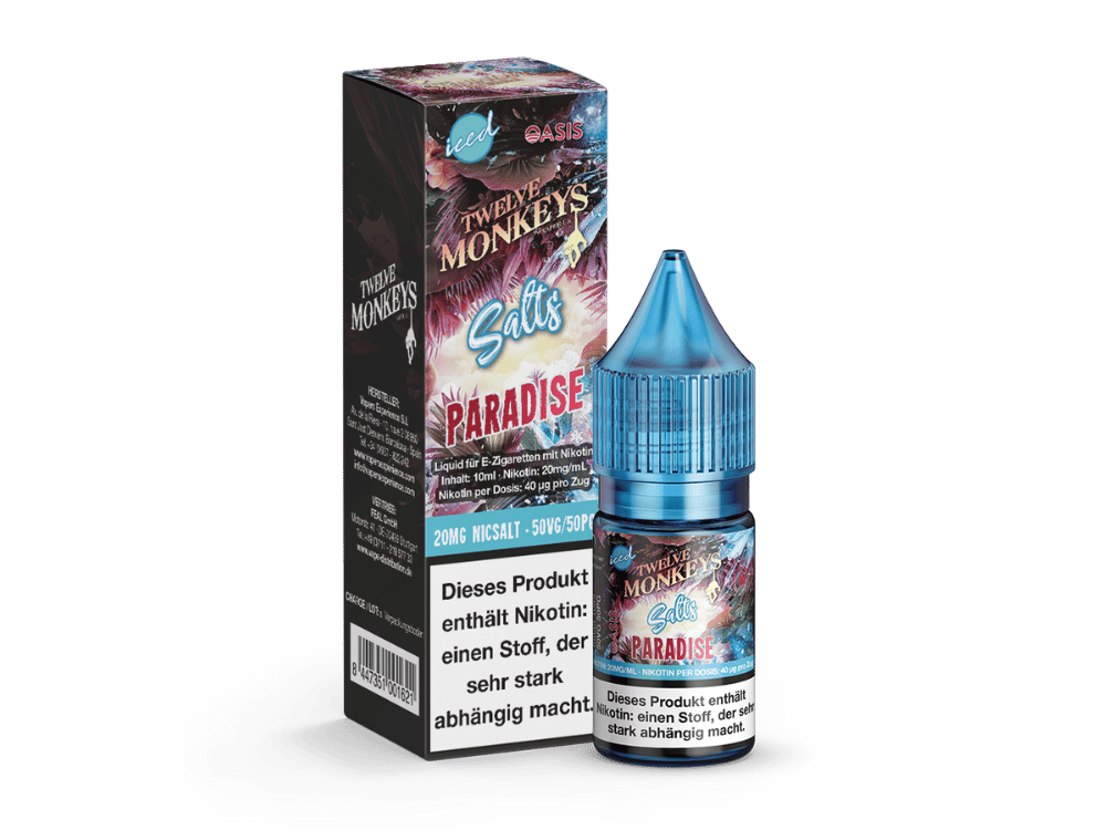 Twelve Monkeys Iced Salts Paradise 10ml Nikotinsalz-Liquid – Fläschchen mit rot-pinker Verpackung und Paradise-Schriftzug