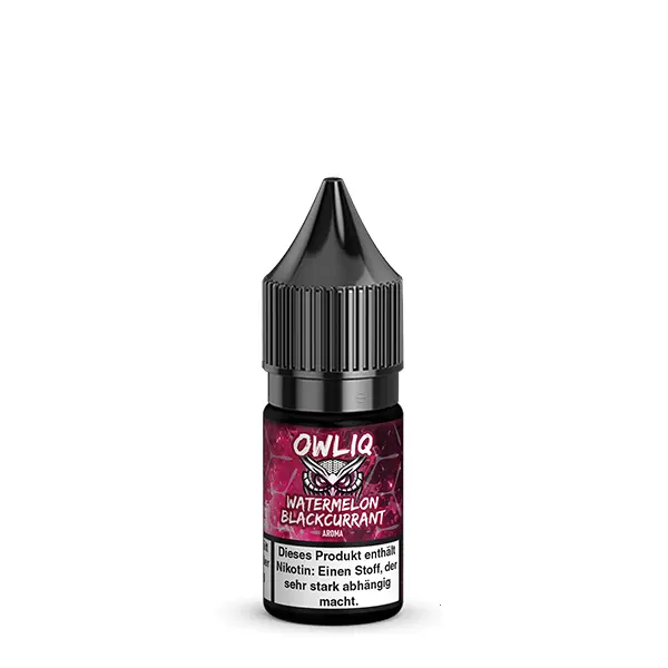 Owliq Watermelon Blackcurrant 10ml Nikotinsalz-Liquid – dunkle Flasche mit pink-rotem Hintergrund