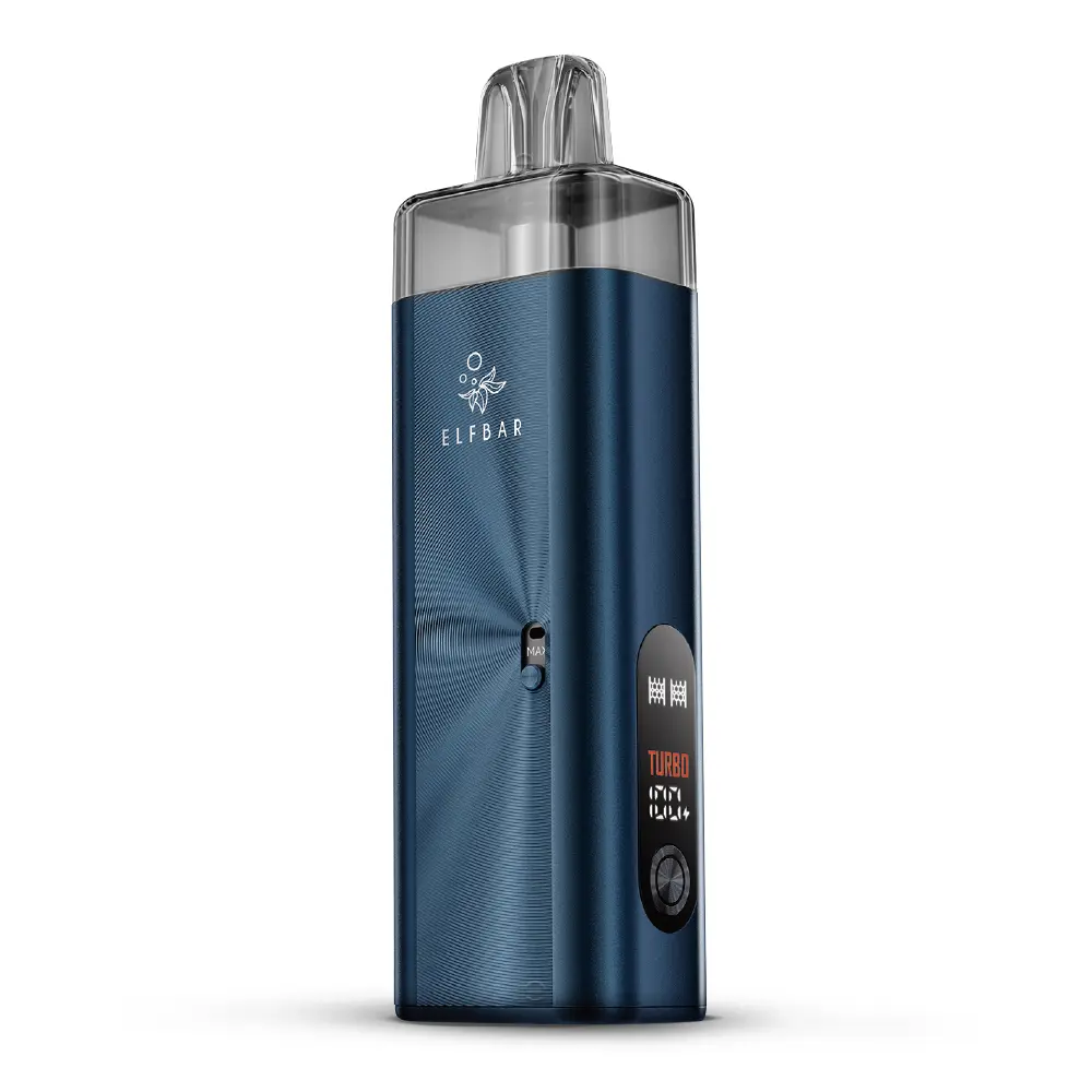 Elfbar ELFX Mega Kit Pod-System in Dunkelblau mit transparentem Pod und Display, Frontansicht