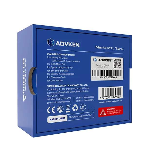 advken-manta-mtl-1BfzPY5fAYCsFL.jpg Rückseite der blauen Verpackungsbox des Advken Manta MTL Tank Verdampfers mit Produktinfos