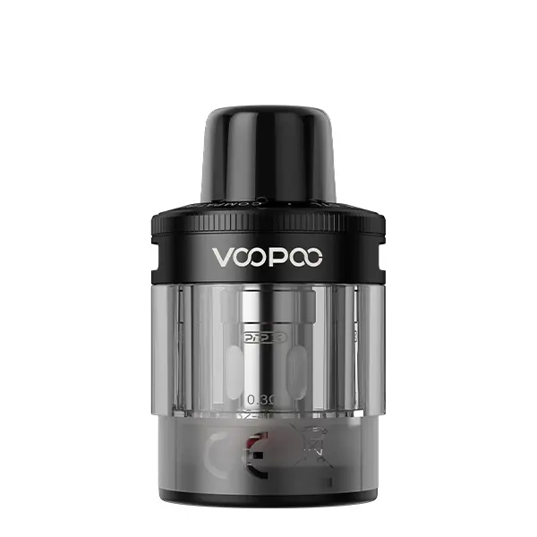 VooPoo PnP X Ersatz-Pod DTL – transparenter Pod mit schwarzem Deckel, leicht gedreht freigestellt